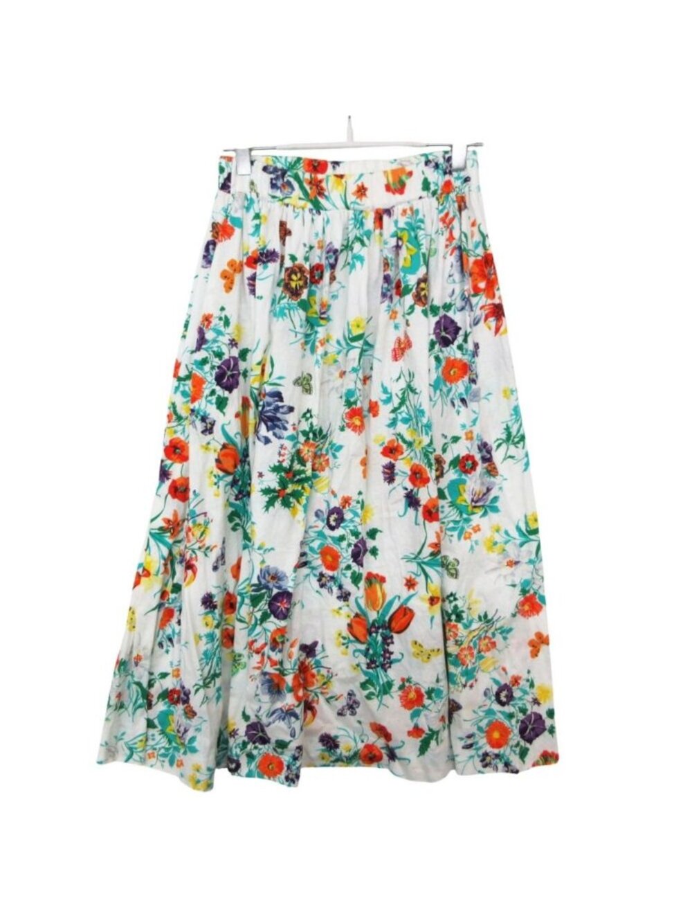 Gucci Skirt Vintage Floral Flare Gathered Calfskin Length Cotton White